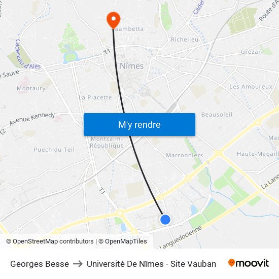 Georges Besse to Université De Nîmes - Site Vauban map