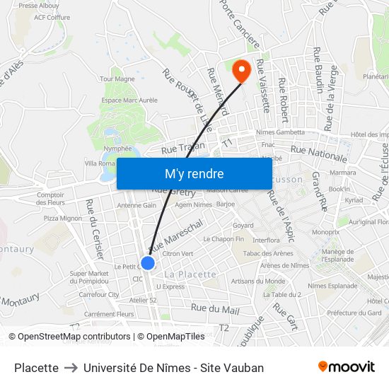 Placette to Université De Nîmes - Site Vauban map