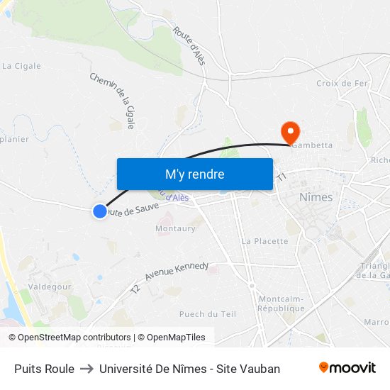 Puits Roule to Université De Nîmes - Site Vauban map