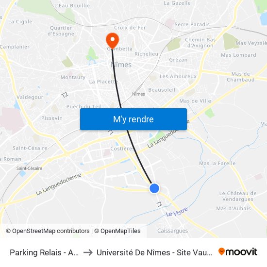 Parking Relais - A54 to Université De Nîmes - Site Vauban map