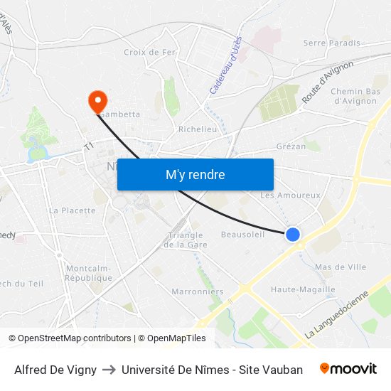 Alfred De Vigny to Université De Nîmes - Site Vauban map