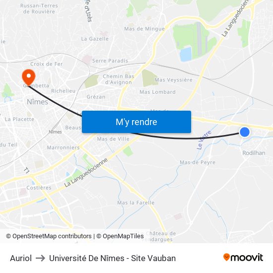 Auriol to Université De Nîmes - Site Vauban map