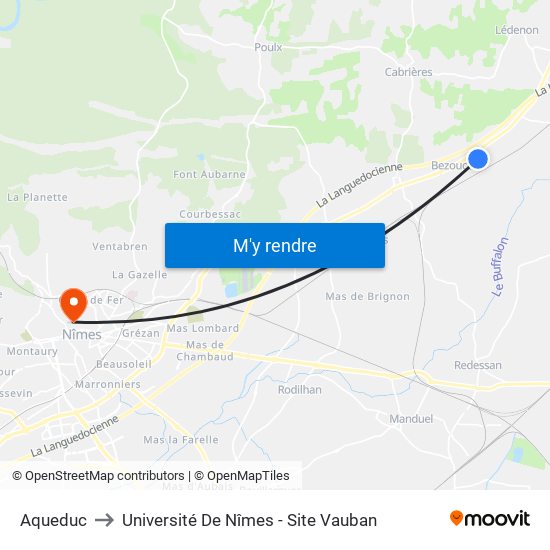Aqueduc to Université De Nîmes - Site Vauban map