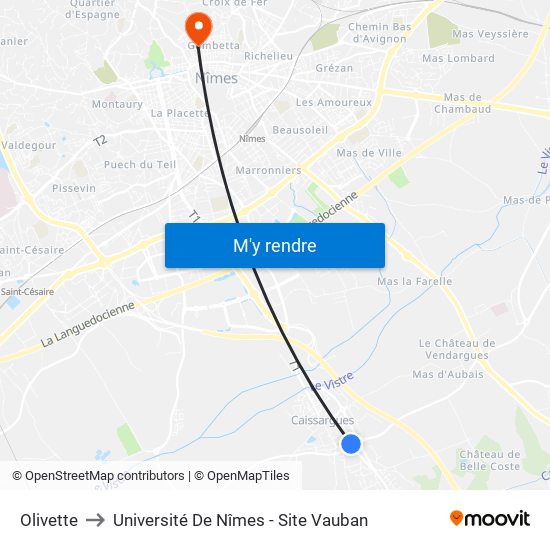 Olivette to Université De Nîmes - Site Vauban map