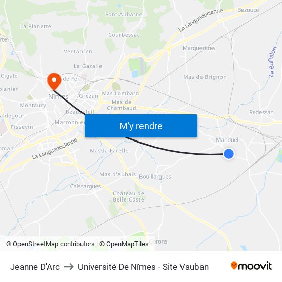 Jeanne D'Arc to Université De Nîmes - Site Vauban map