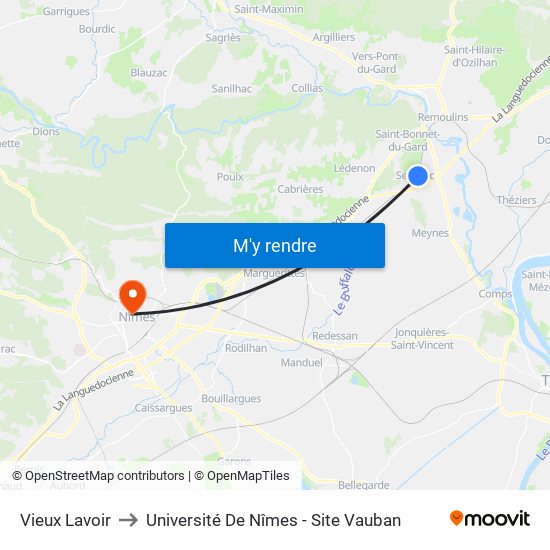 Vieux Lavoir to Université De Nîmes - Site Vauban map