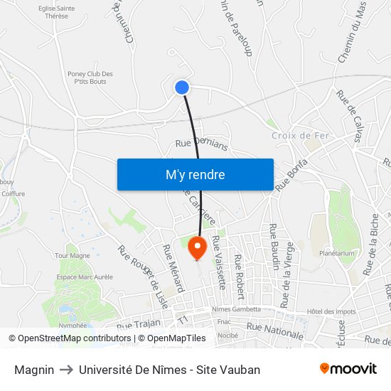 Magnin to Université De Nîmes - Site Vauban map