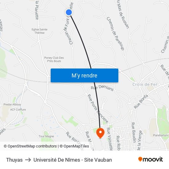 Thuyas to Université De Nîmes - Site Vauban map