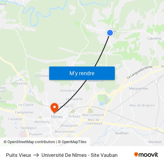 Puits Vieux to Université De Nîmes - Site Vauban map