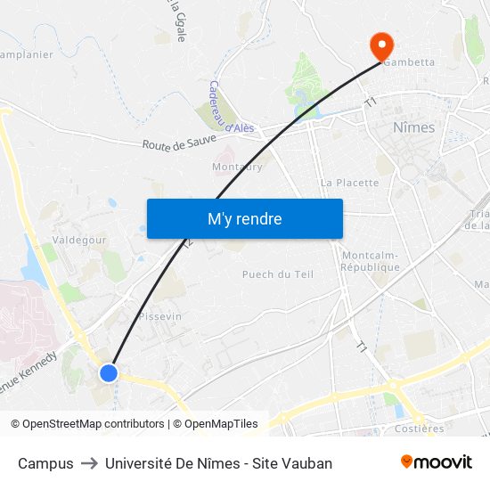 Campus to Université De Nîmes - Site Vauban map