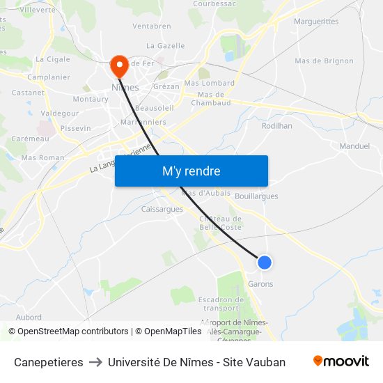 Canepetieres to Université De Nîmes - Site Vauban map