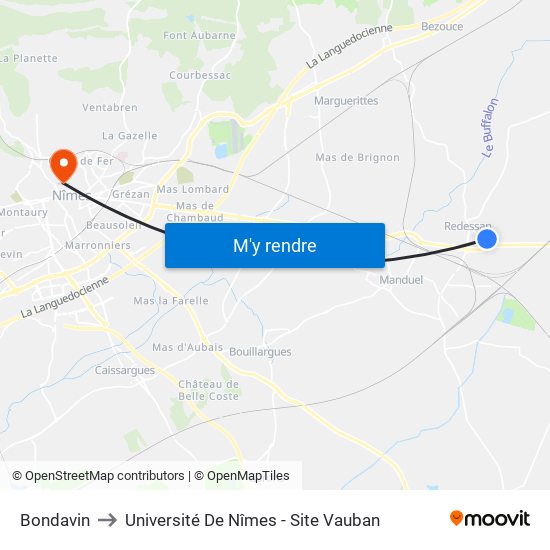 Bondavin to Université De Nîmes - Site Vauban map