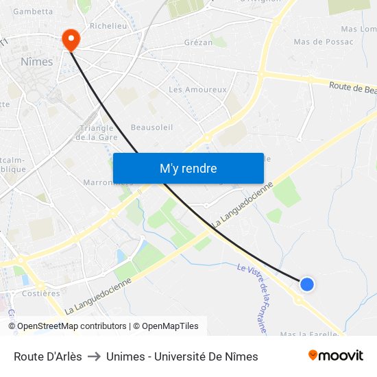 Route D'Arlès to Unimes - Université De Nîmes map