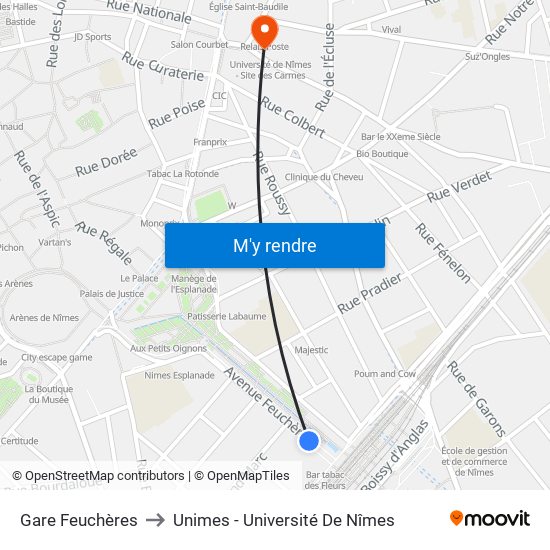 Gare Feuchères to Unimes - Université De Nîmes map