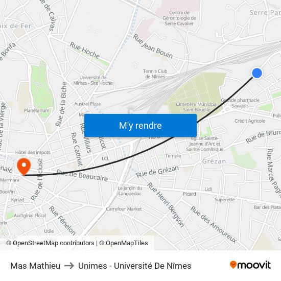 Mas Mathieu to Unimes - Université De Nîmes map