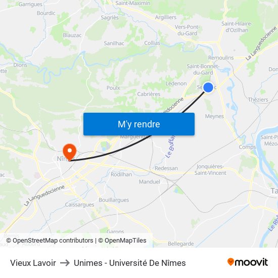 Vieux Lavoir to Unimes - Université De Nîmes map