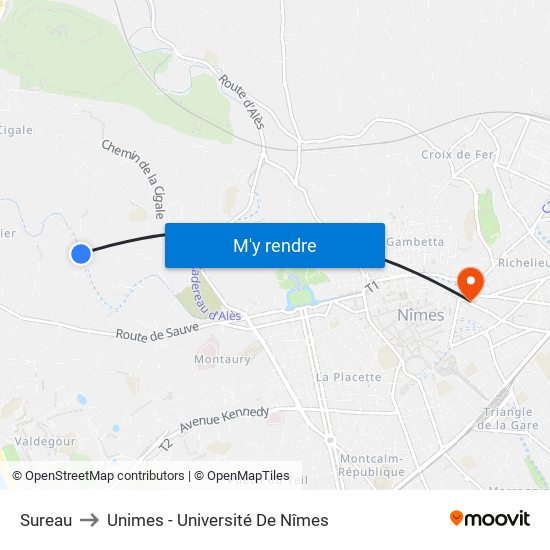 Sureau to Unimes - Université De Nîmes map