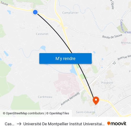 Castanet to Université De Montpellier Institut Universitaire De Technologie De Nîmes map