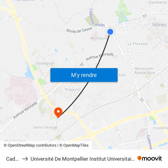 Cadereau to Université De Montpellier Institut Universitaire De Technologie De Nîmes map