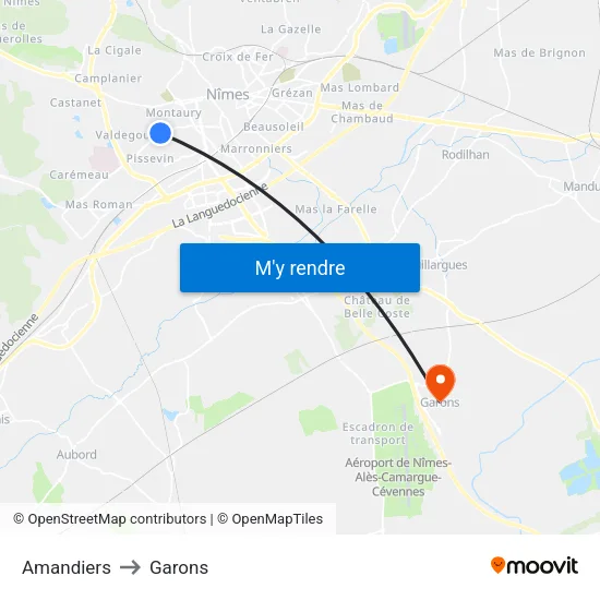 Amandiers to Garons map