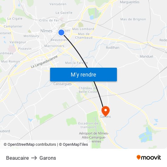 Beaucaire to Garons map