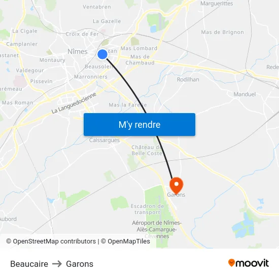 Beaucaire to Garons map