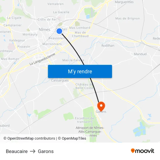 Beaucaire to Garons map