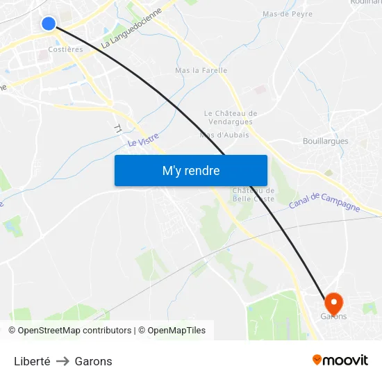 Liberté to Garons map