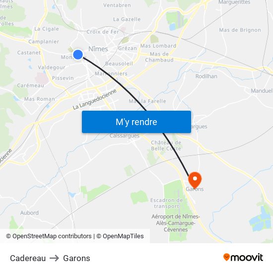 Cadereau to Garons map