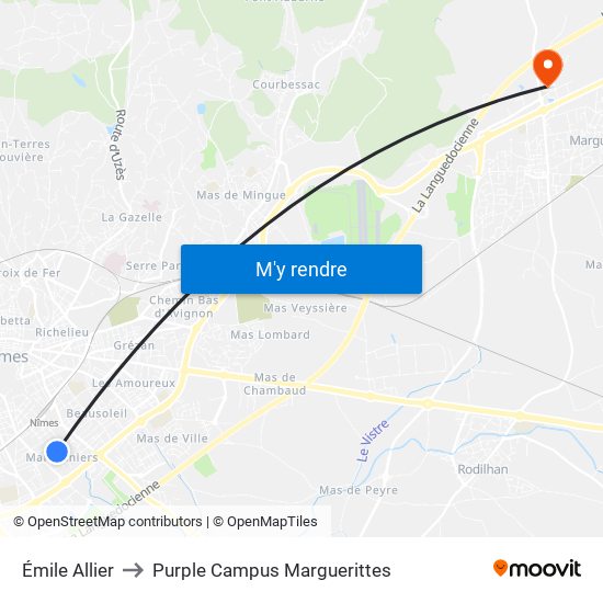 Émile Allier to Purple Campus Marguerittes map