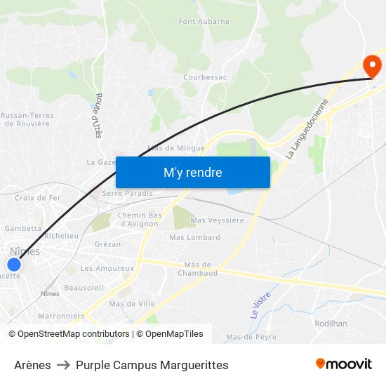 Arènes to Purple Campus Marguerittes map