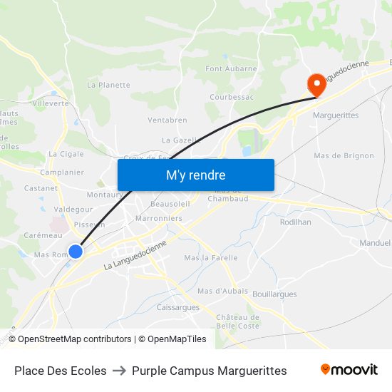 Place Des Ecoles to Purple Campus Marguerittes map