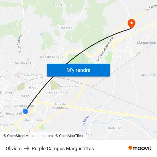 Oliviers to Purple Campus Marguerittes map