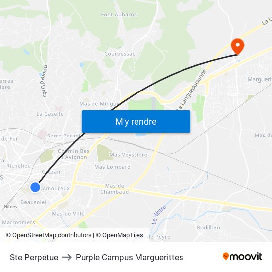 Ste Perpétue to Purple Campus Marguerittes map