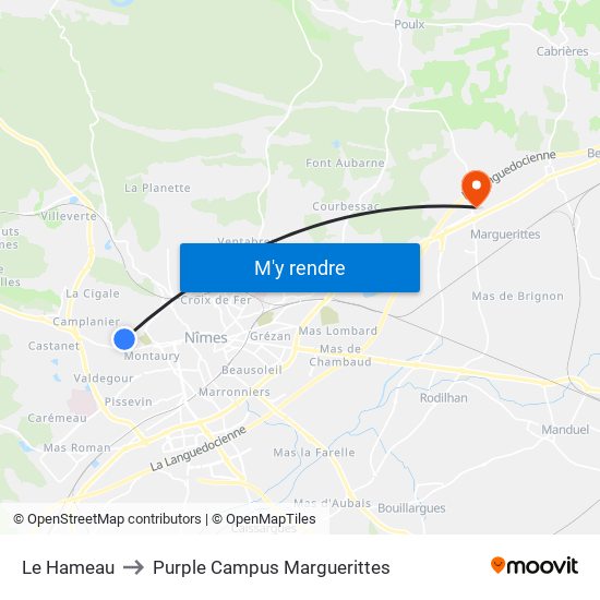 Le Hameau to Purple Campus Marguerittes map