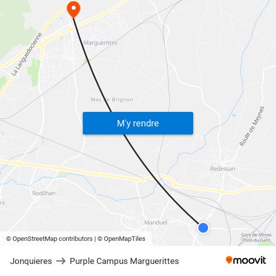 Jonquieres to Purple Campus Marguerittes map