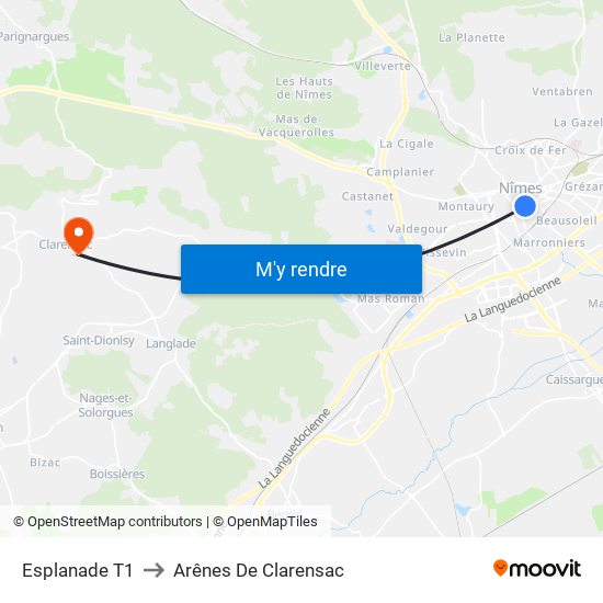 Esplanade T1 to Arênes De Clarensac map
