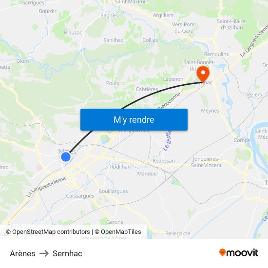 Arènes to Sernhac map