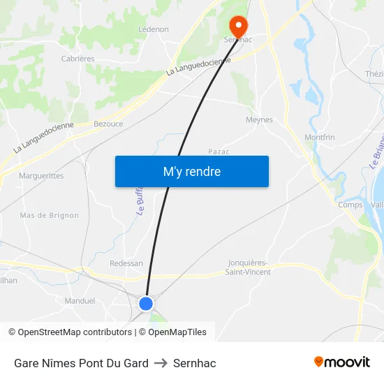 Gare Nîmes Pont Du Gard to Sernhac map