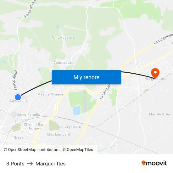 3 Ponts to Marguerittes map