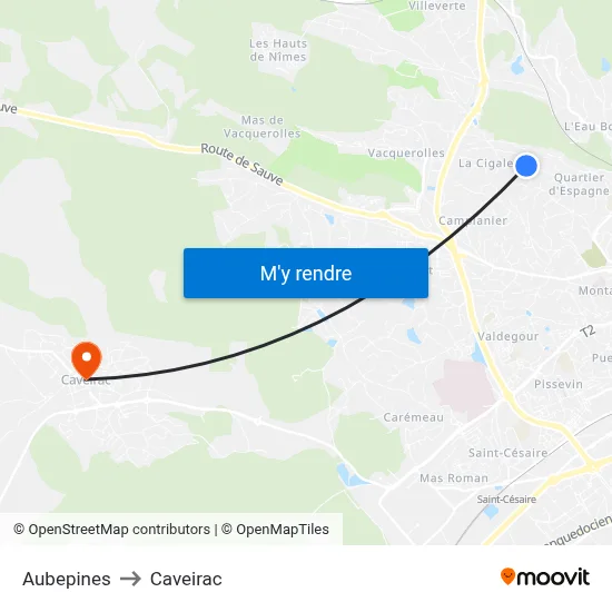Aubepines to Caveirac map