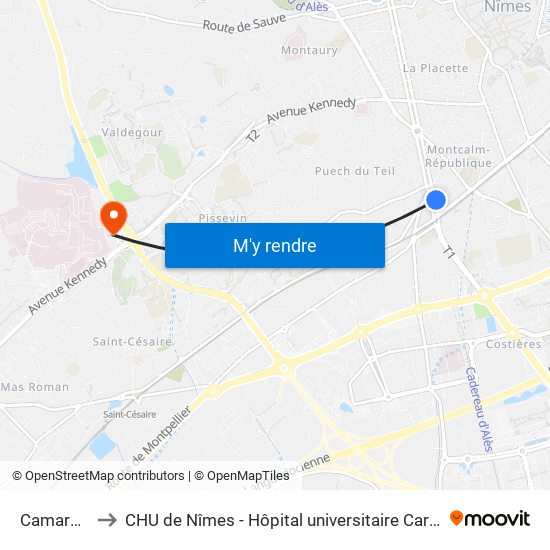 Camargue to CHU de Nîmes - Hôpital universitaire Carémeau map