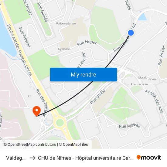Valdegour to CHU de Nîmes - Hôpital universitaire Carémeau map