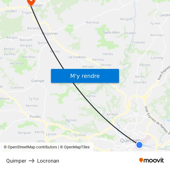 Quimper to Locronan map