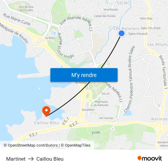 Martinet to Caillou Bleu map