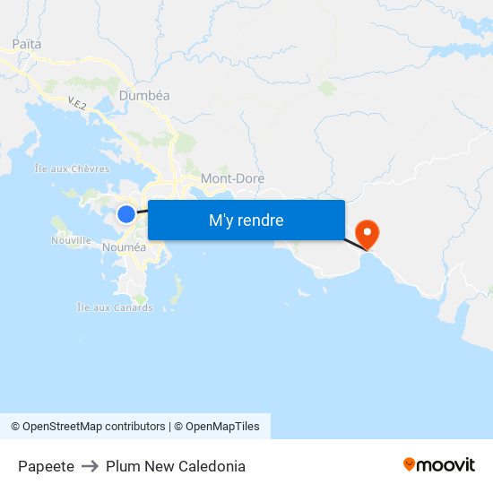 Papeete to Plum New Caledonia map