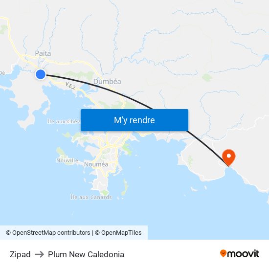 Zipad to Plum New Caledonia map