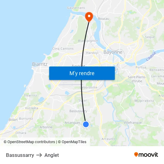 Bassussarry to Anglet map