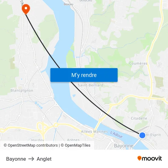 Bayonne to Anglet map