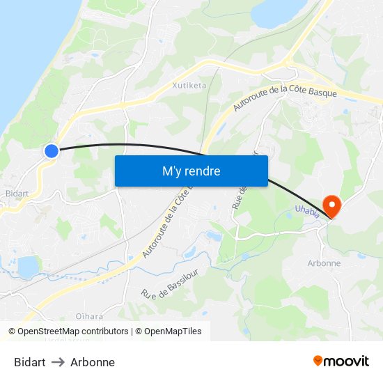 Bidart to Arbonne map